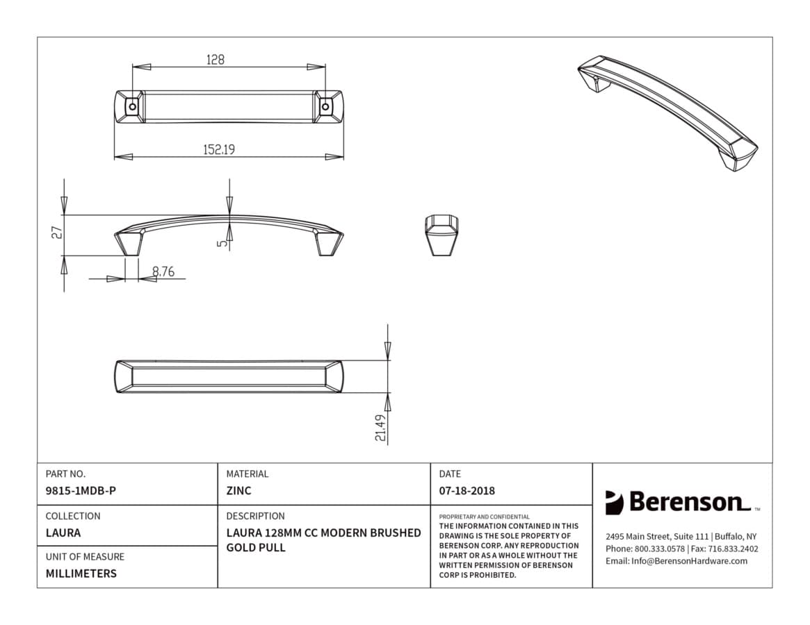Berenson Laura 5-1/16" (128 mm) Center to Center Modern Brushed Gold Pull, 9815-1MDB-P