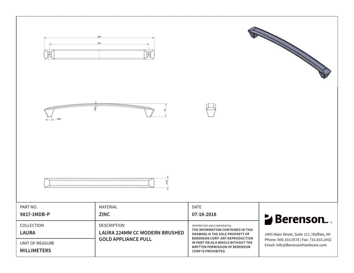Berenson Laura 8-13/16" (224 mm) Center to Center Modern Brushed Gold Pull, 9817-1MDB-P