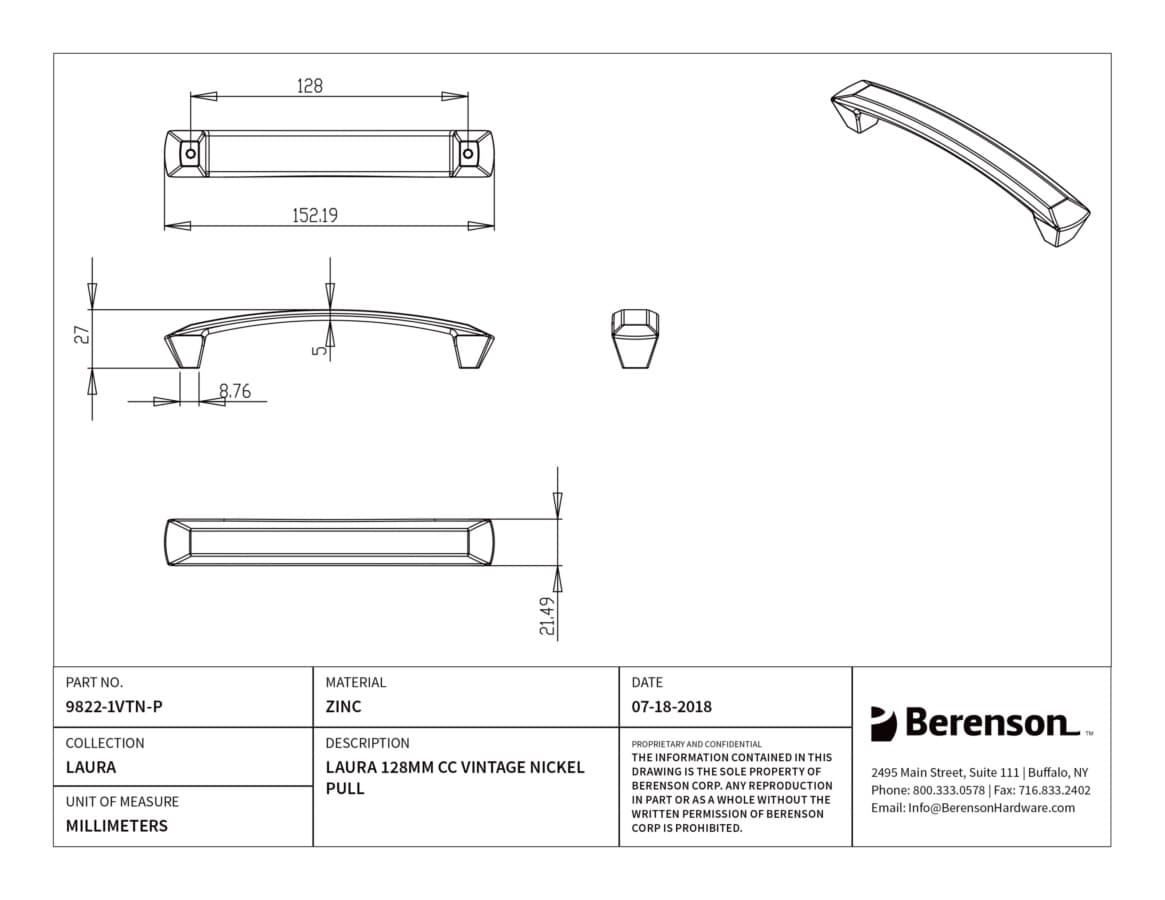 Berenson Laura 5-1/16" (128 mm) Center to Center Vintage Nickel Pull, 9822-1VTN-P