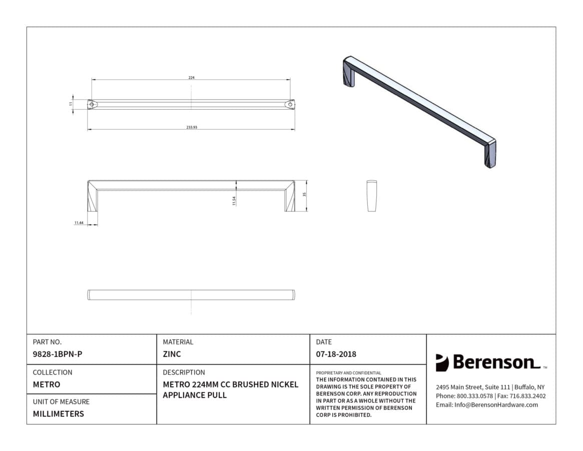 Berenson Metro 8-13/16" (224 mm) Center to Center Brushed Nickel Pull, 9828-1BPN-P