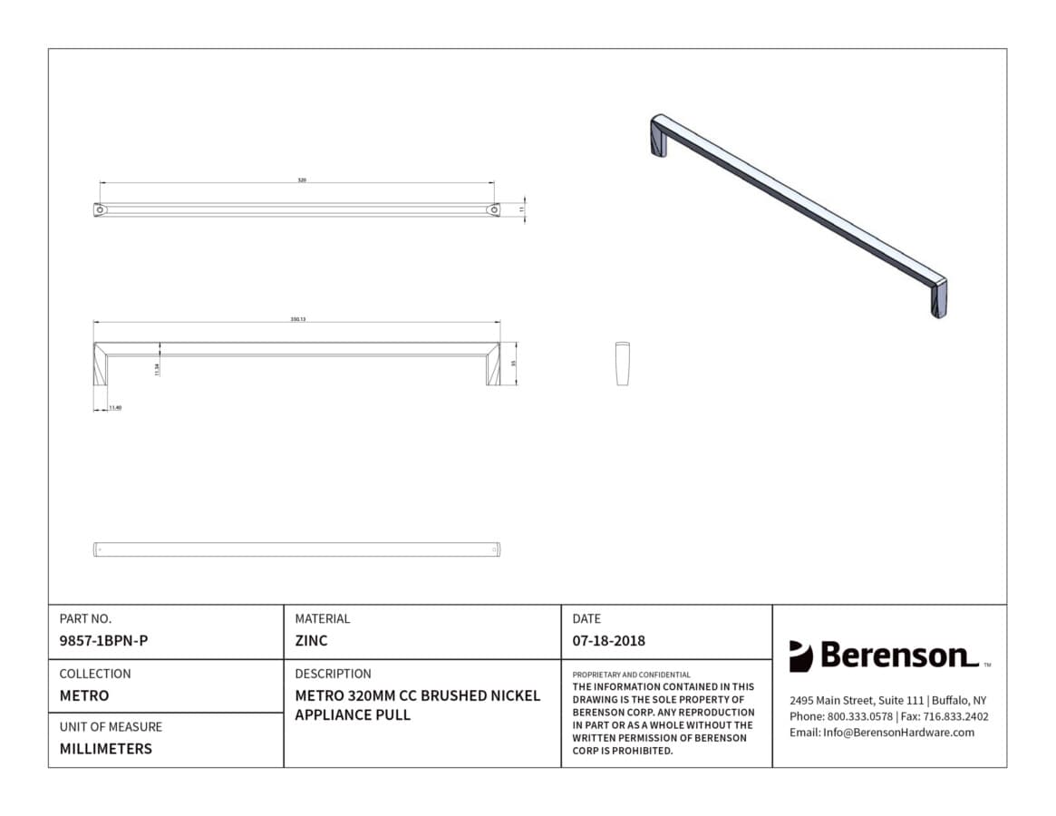 Berenson Metro 12-5/8" (320 mm) Center to Center Brushed Nickel Pull, 9857-1BPN-P