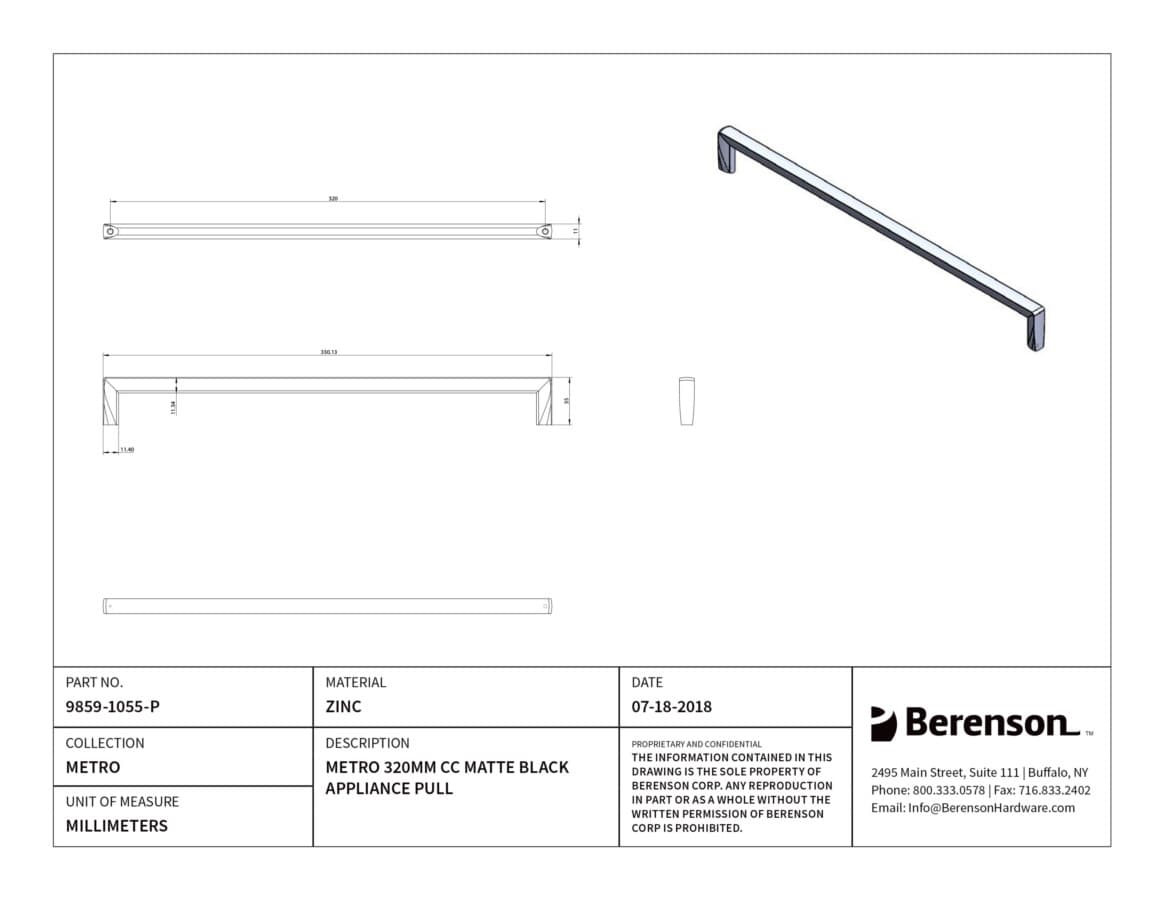 Berenson Metro 12-5/8" (320 mm) Center to Center Matte Black Pull, 9859-1055-P