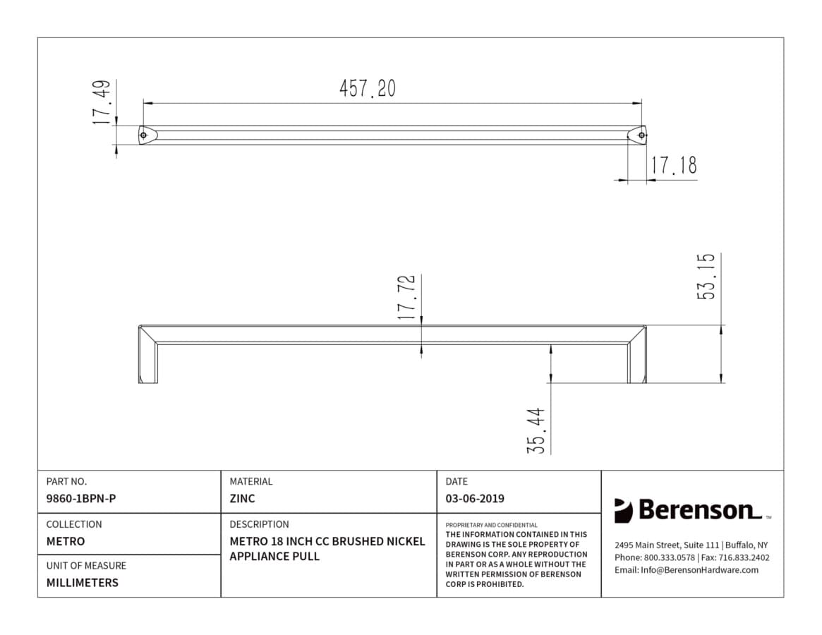 Berenson Metro Brushed Nickel 18" (457 mm) Center to Center Appliance Pull, 9860-1BPN-P