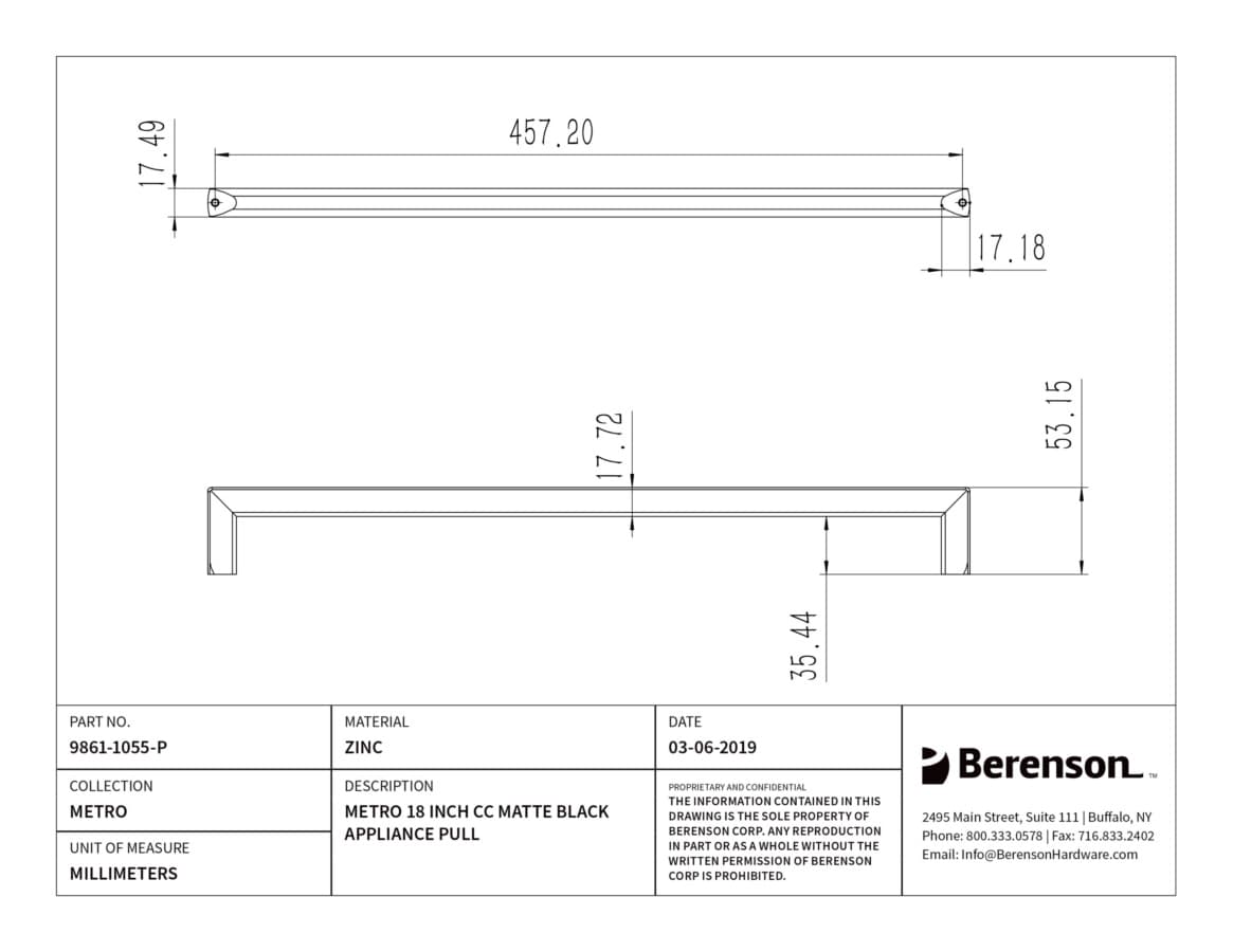 Berenson Metro Matte Black 18" (457 mm) Center to Center Appliance Pull, 9861-1055-P