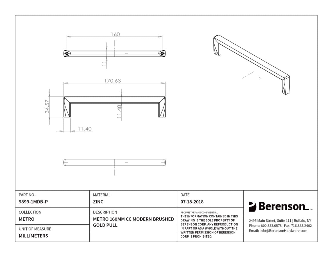 Berenson Metro 6-5/16" (160 mm) Center to Center Modern Brushed Gold Pull, 9899-1MDB-P