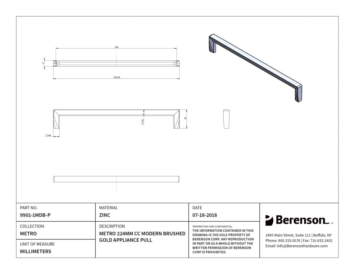 Berenson Metro 8-13/16" (224 mm) Center to Center Modern Brushed Gold Pull, 9901-1MDB-P
