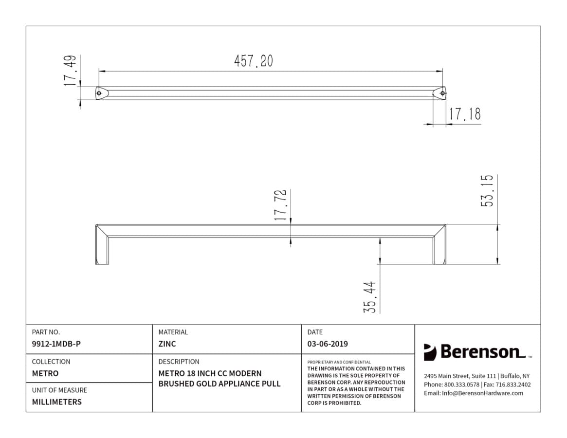 Berenson Metro Modern Brushed Gold 18" (457 mm) Center to Center Appliance Pull, 9912-1MDB-P