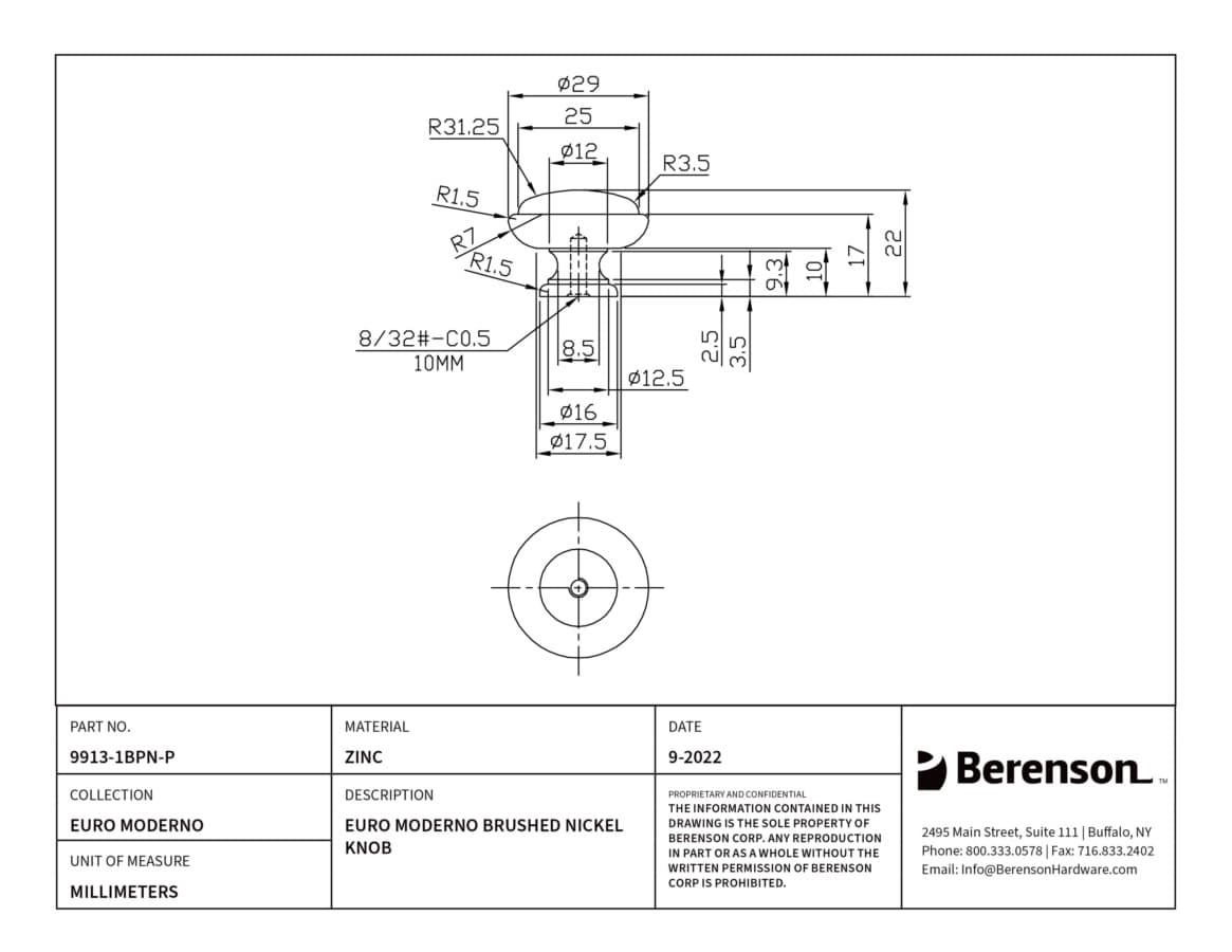 Berenson Euro Moderno Brushed Nickel 1-3/16" (30 mm) Diameter Knob, 9913-1BPN-P