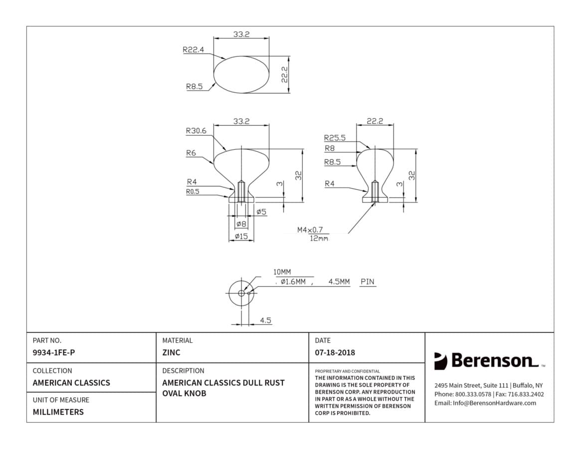 Berenson American Classics Dull Rust 1-5/16" (33 mm) L x 7/8" (22 mm) W Knob, 9934-1FE-P