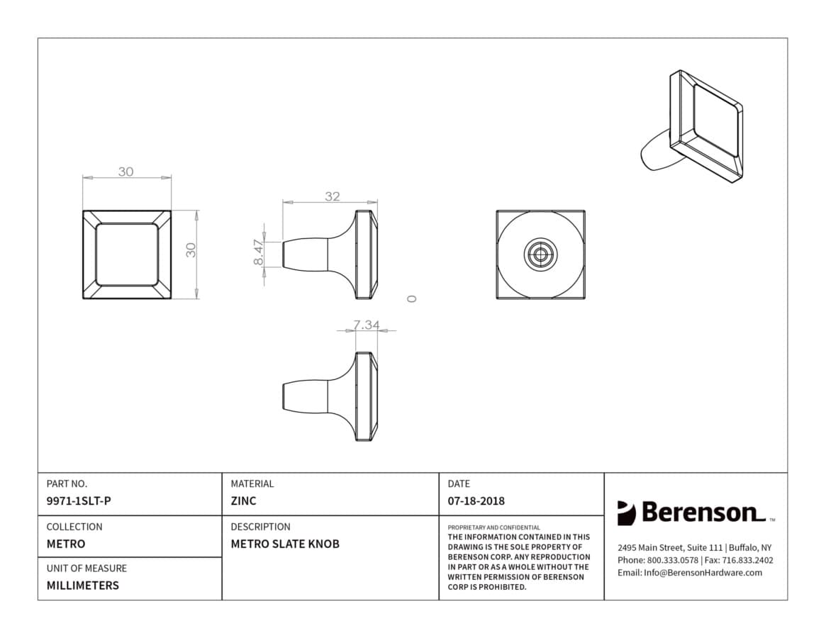 Berenson Metro Slate 1-3/16" (30 mm) L x 1-3/16" (30 mm) W Knob, 9971-1SLT-P