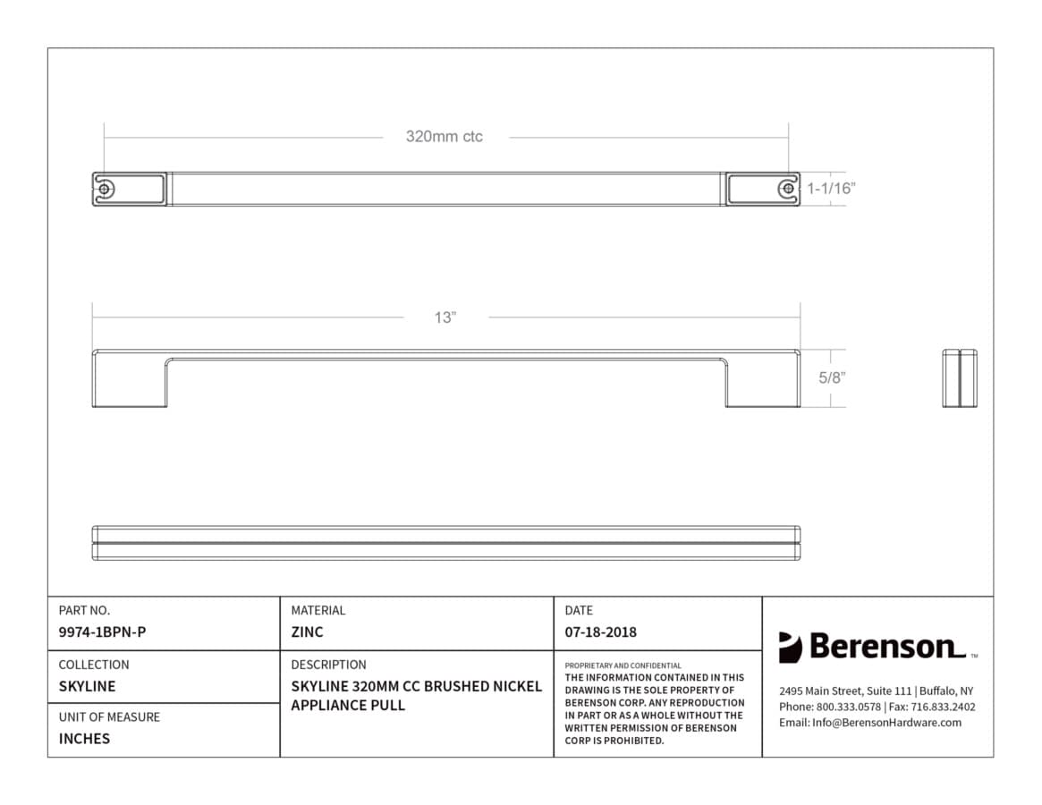Berenson Skyline 12-5/8" (320 mm) Center to Center Brushed Nickel Pull, 9974-1BPN-P