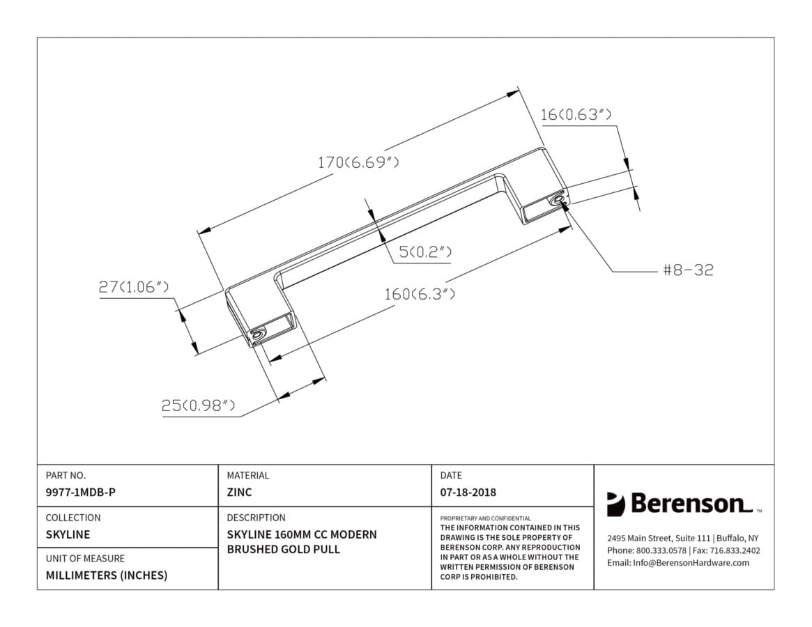 Berenson Skyline 6-5/16" (160 mm) Center to Center Modern Brushed Gold Pull, 9977-1MDB-P