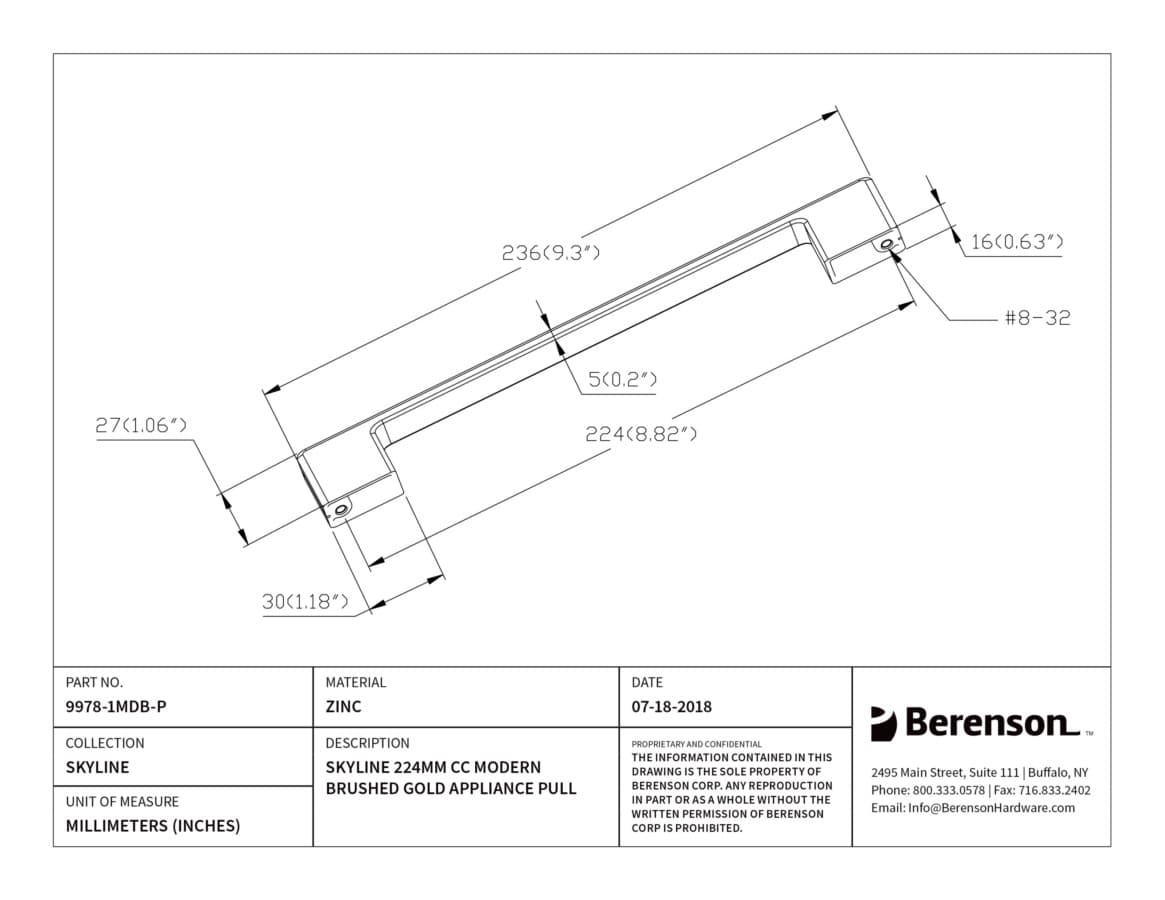 Berenson Skyline 8-13/16" (224 mm) Center to Center Modern Brushed Gold Pull, 9978-1MDB-P