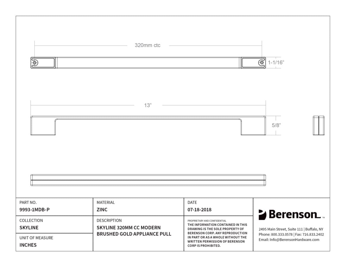 Berenson Skyline 12-5/8" (320 mm) Center to Center Modern Brushed Gold Pull, 9993-1MDB-P
