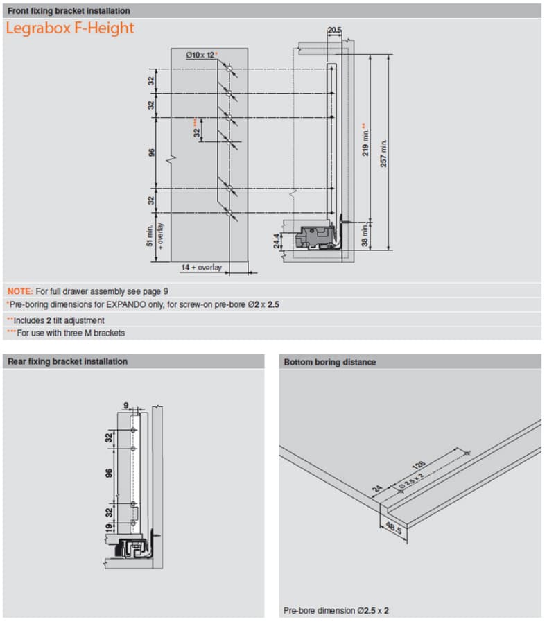 20" Legrabox Drawer System F Height, 9-1/2", 170lb Capacity Full-Extension with BLUMOTION, Stainless Steel, detail 1