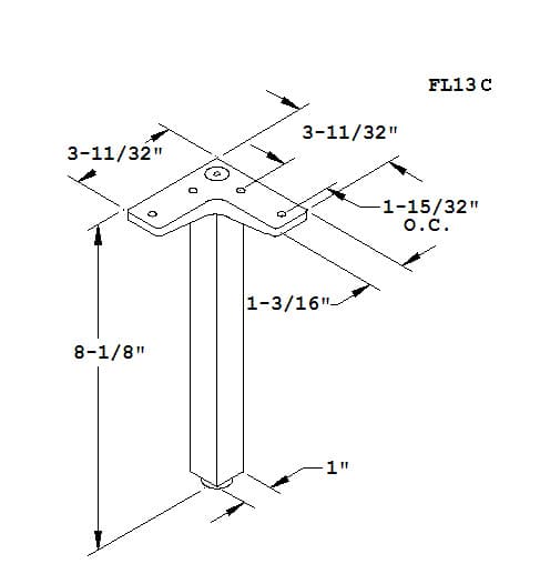 Mockett 1" Diameter x 4-7/8" High Corner Furniture Leg, Polished Aluminum, dimensions