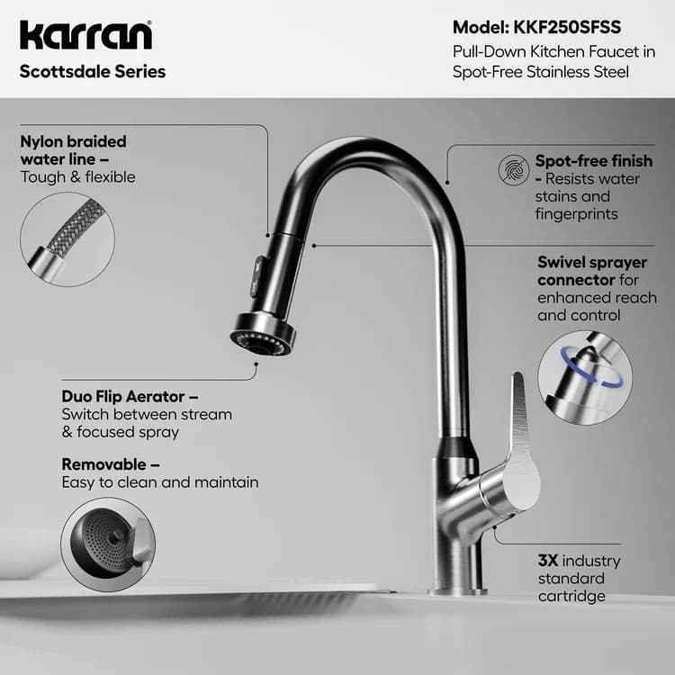 Karran Scottsdale Stainless Steel Single Handle Pull-Down Dual Function Kitchen Faucet, 1.8GPM, 360 Degree, ADA Compliant, KKF250SS, detail 4