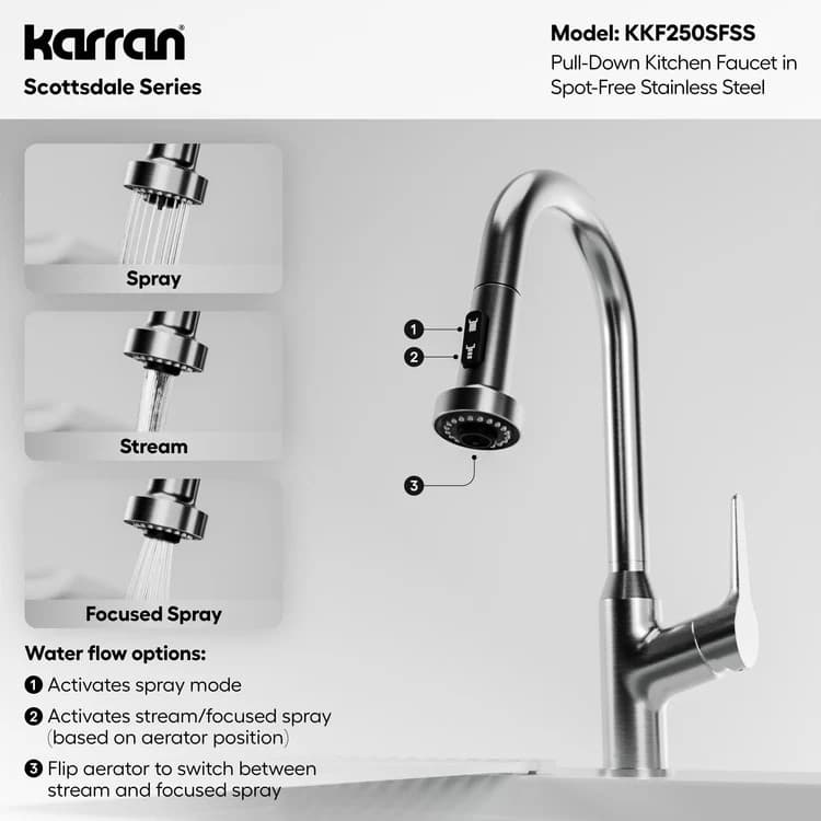 Karran Scottsdale Stainless Steel Single Handle Pull-Down Dual Function Kitchen Faucet, 1.8GPM, 360 Degree, ADA Compliant, KKF250SS, detail 5