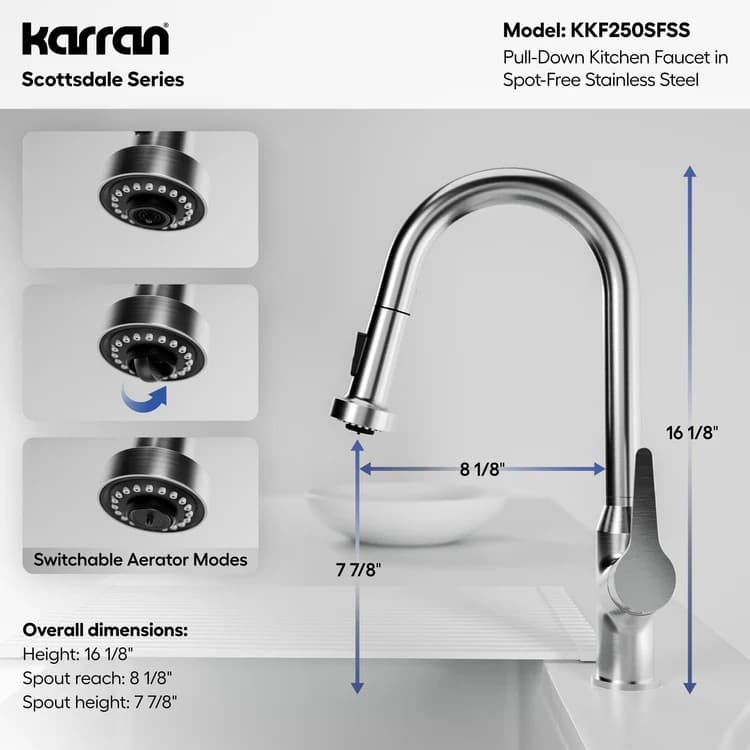 Karran Scottsdale Stainless Steel Single Handle Pull-Down Dual Function Kitchen Faucet, 1.8GPM, 360 Degree, ADA Compliant, KKF250SS, detail 6