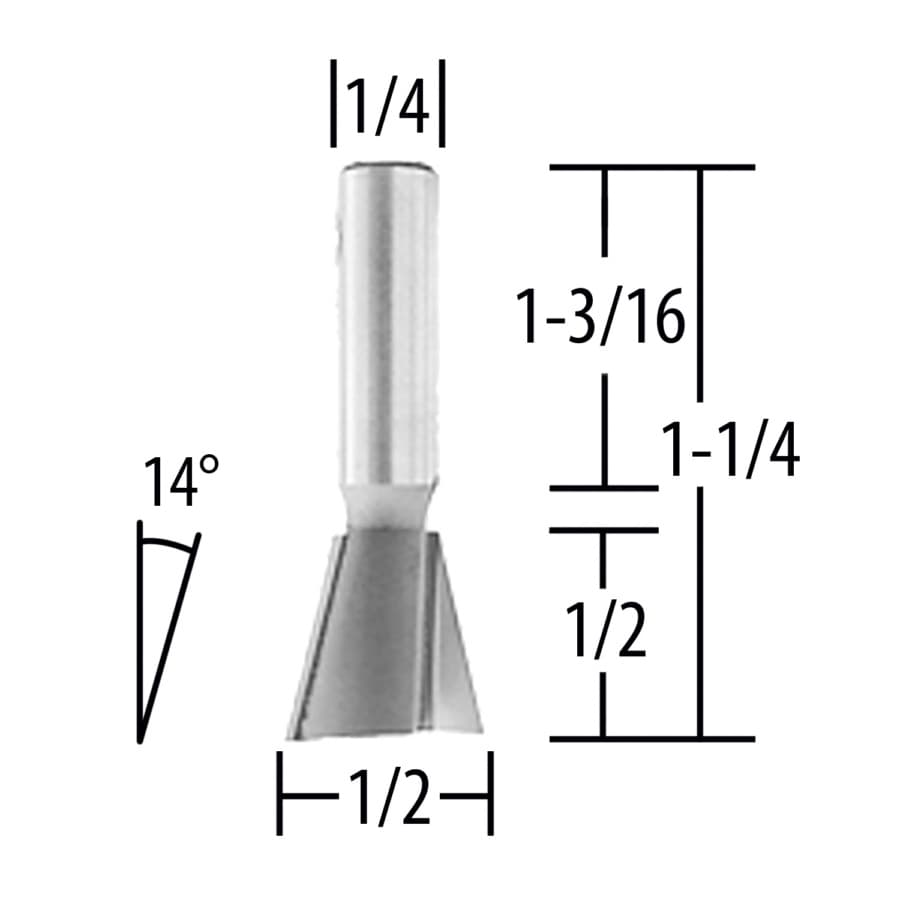 1/2" x 1-1/4" Dovetail Router Bit, 2 Flute, 1/4" Shank, detail 1