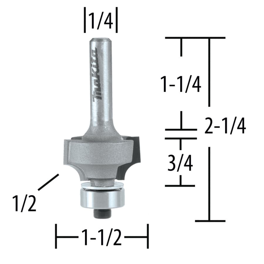 2-1/4" x 1/2" Radius Corner Rounding Bit, 2-Flute, 1/4" Shank, detail 1