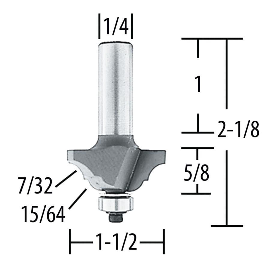 1-1/2" x 15/64" Radius Classical Bead/Cove Router Bit, 2 Flute, 1/4" Shank, detail 1