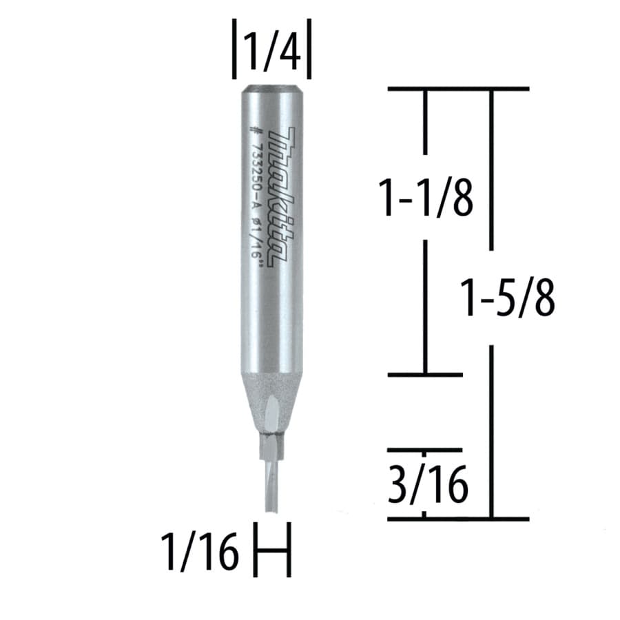 1/16" x 1-5/8" Straight Router Bit, 2-Flute, 1/4" Shank, detail 1