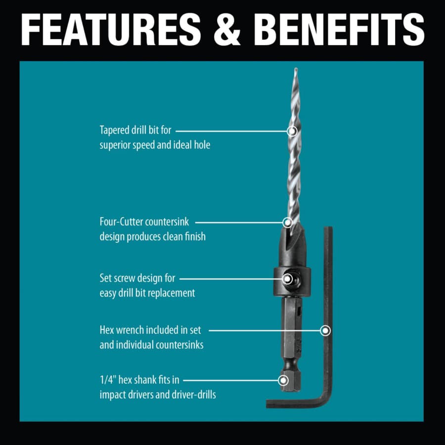 Makita 3-Piece Countersink Drill Bit Set with Hex Wrench, A-99661, detail 1