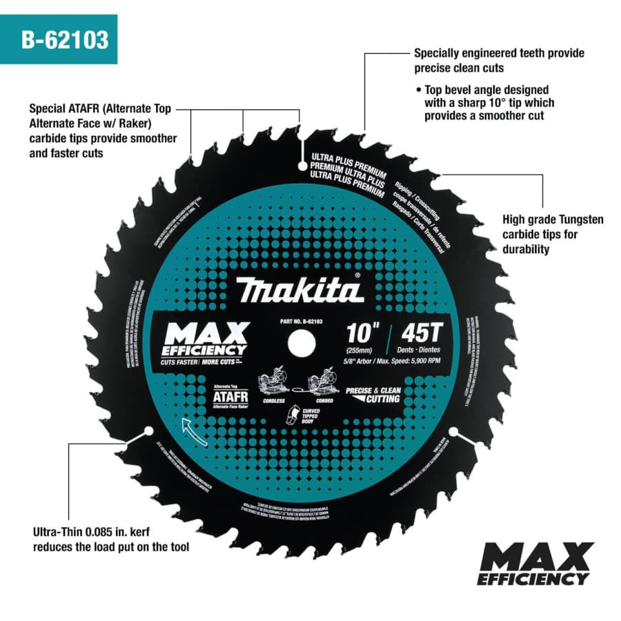 Makita Max Efficiency 10" Diameter with 5/8" Arbor 45 Tooth General Purpose Saw Blade, B-62103, detail 1
