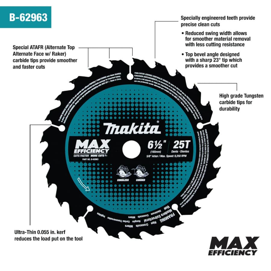 Makita Max Efficiency 6-1/2" Diameter with 5/8" Arbor 25 Tooth General Purpose Saw Blade, B-62963, detail 1
