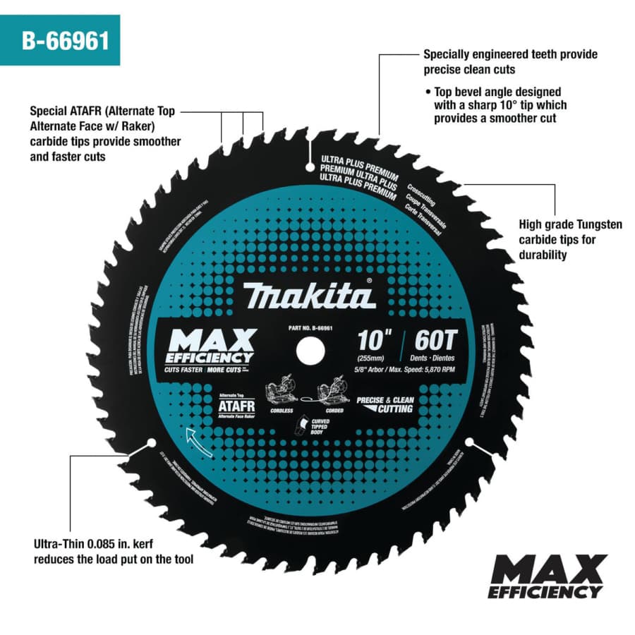 Makita Max Efficiency 10" Diameter with 5/8" Arbor 60 Tooth General Purpose Saw Blade, B-66961, detail 1