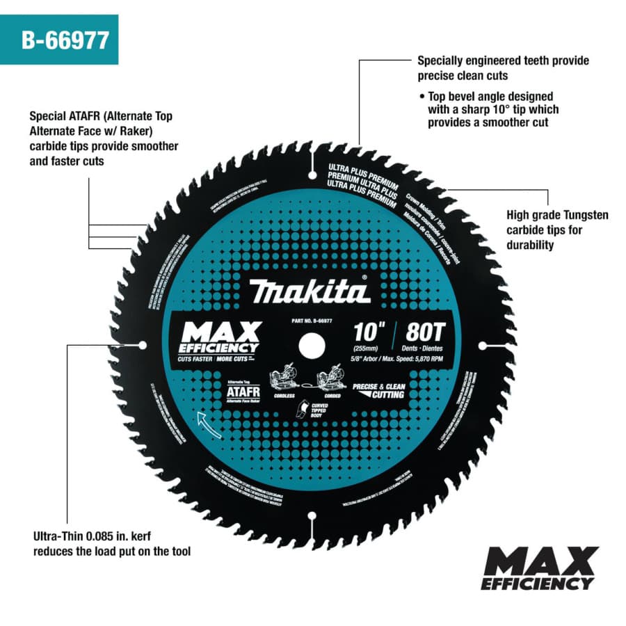 Makita Max Efficiency 10" Diameter with 5/8" Arbor 80 Tooth Fine Cutoff / Crosscut Saw Blade, B-66977, detail 1