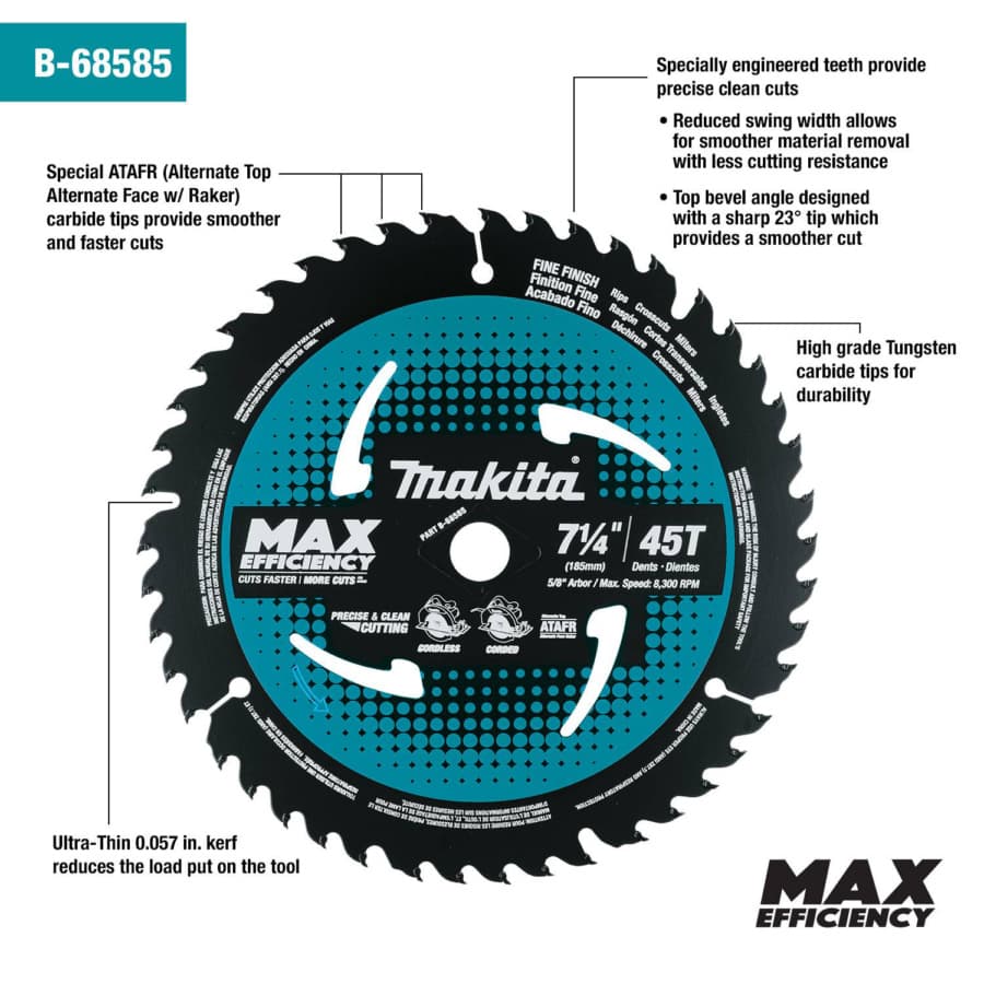 Makita Max Efficiency 7-1/4" Diameter with 5/8" Arbor 45 Tooth Fine Cutoff / Crosscut Saw Blade, B-68585, detail 1