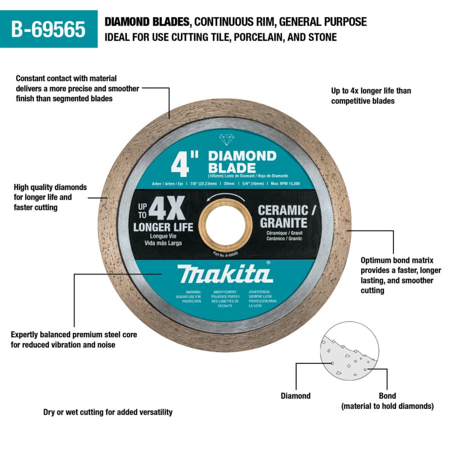 Makita 4" Diameter with 5/8" Arbor Continuous Masonry Diamond Blade, B-69565, detail 1
