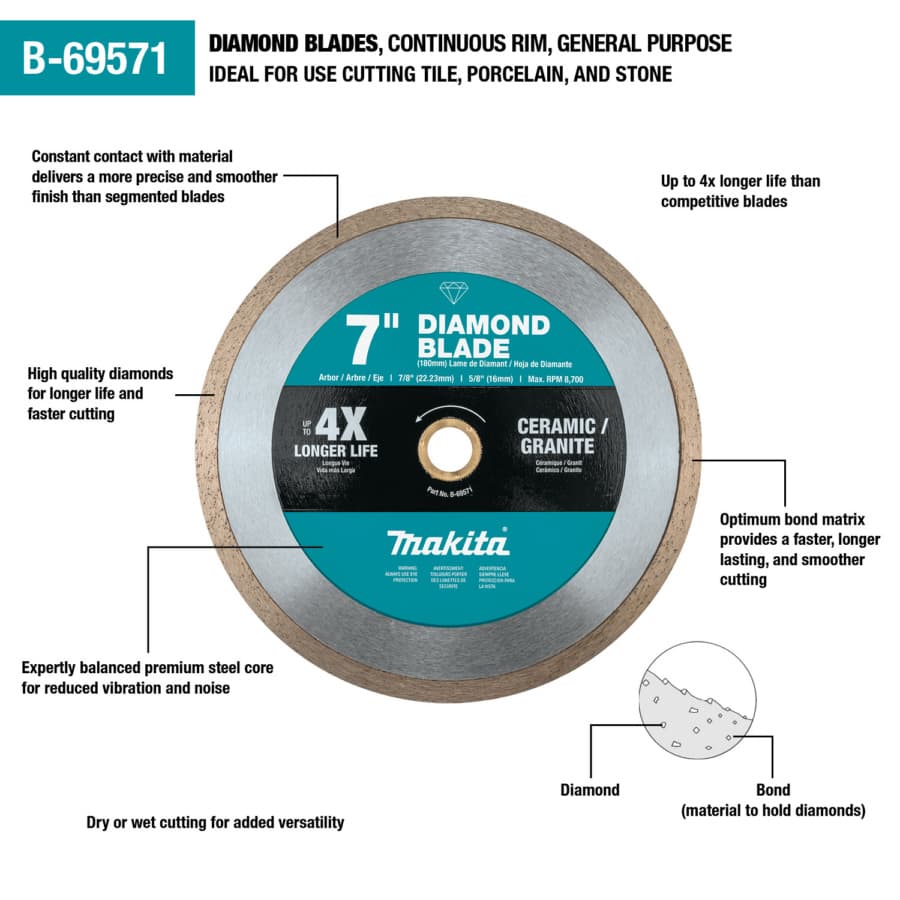 Makita 7" Diameter with 5/8" Arbor Continuous Masonry Diamond Blade, B-69571, detail 1
