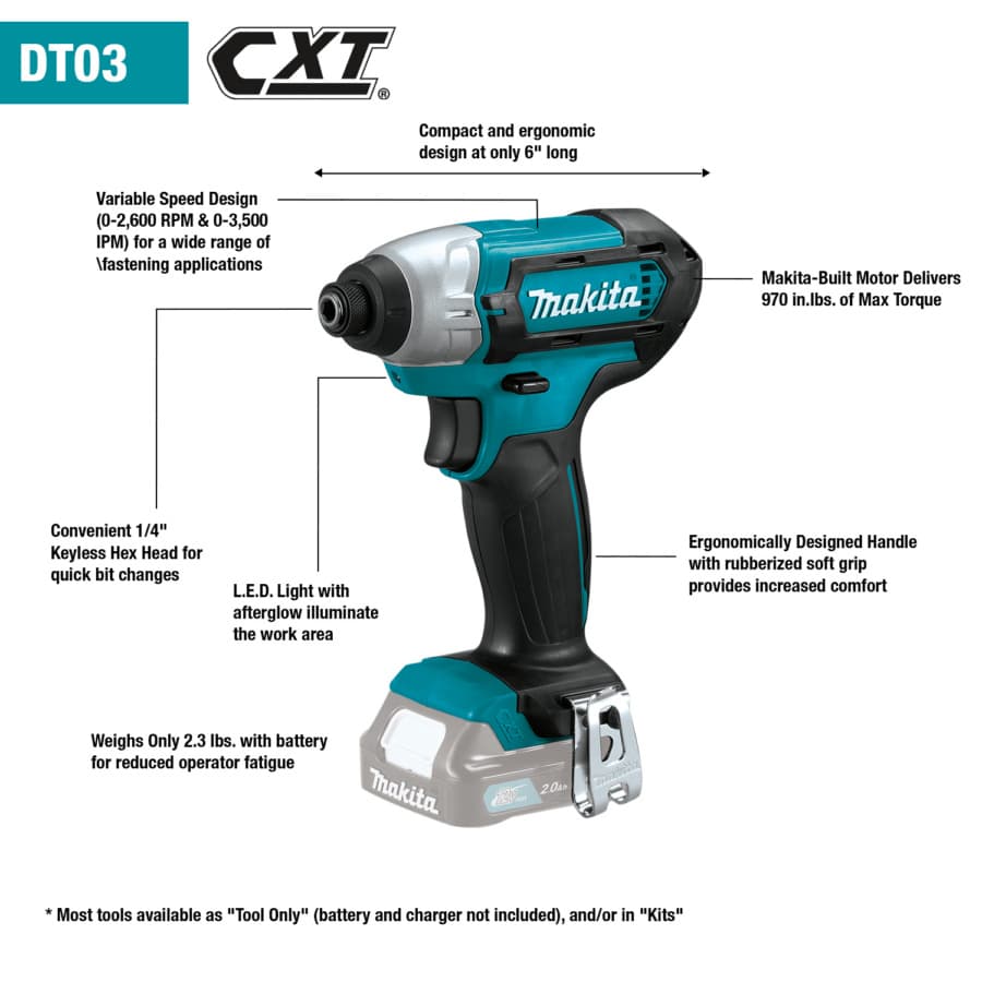 Makita Impact Driver 1/4" 12V max CXT® Lithium-Ion Cordless, 970 lbf.in of Torque, Bare Tool, DT03Z, detail 1