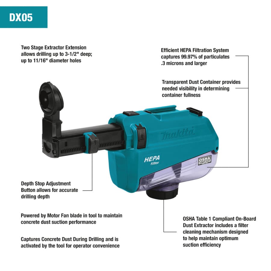 Makita Dust Extractor Attachment with HEPA Filter Cleaning Mechanism for XRH12, detail 1
