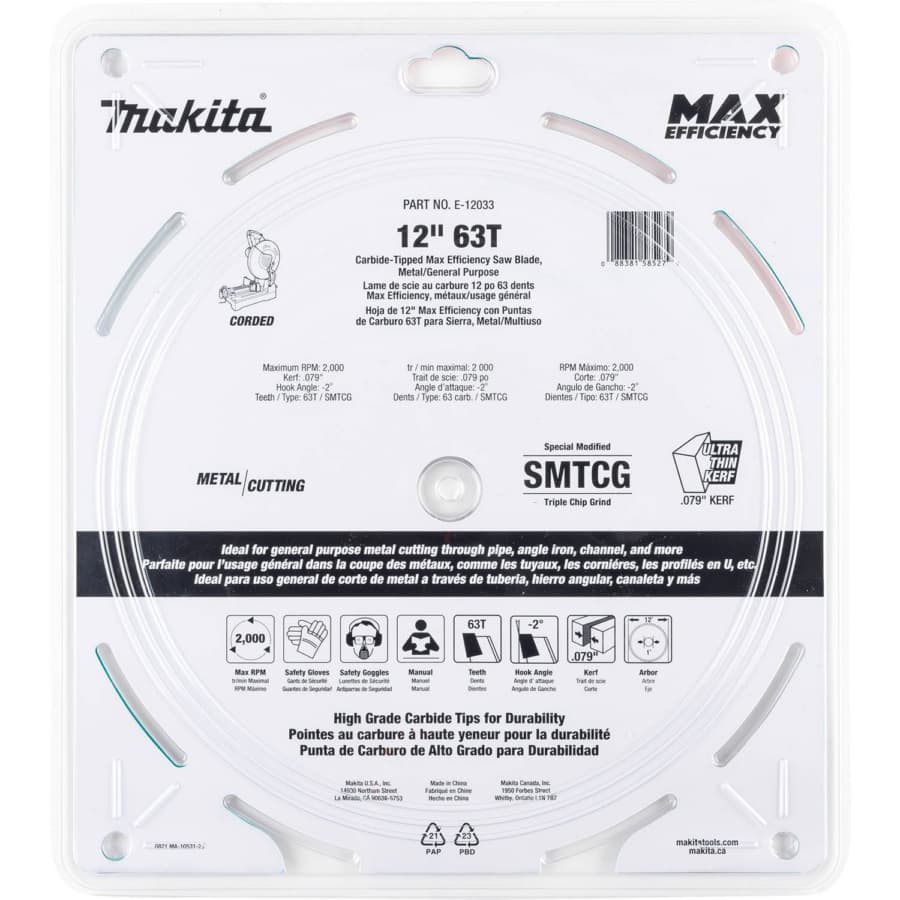 Makita 12" Diameter with 1" Arbor 63 Tooth Cut-Off / Crosscut Saw Blade, E-12033, detail 1