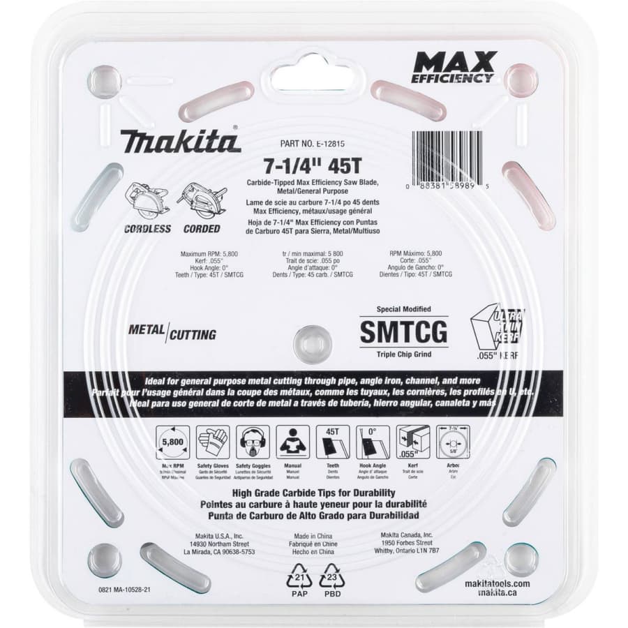 Makita 7-1/4" Diameter with 5/8" Arbor 45 Tooth Cut-Off / Crosscut Saw Blade, E-12815, detail 1