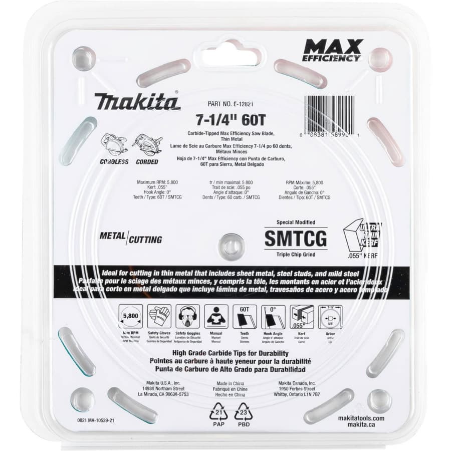 Makita 7-1/4" Diameter with 5/8" Arbor 65 Tooth Cut-Off / Crosscut Saw Blade, E-12821, detail 1