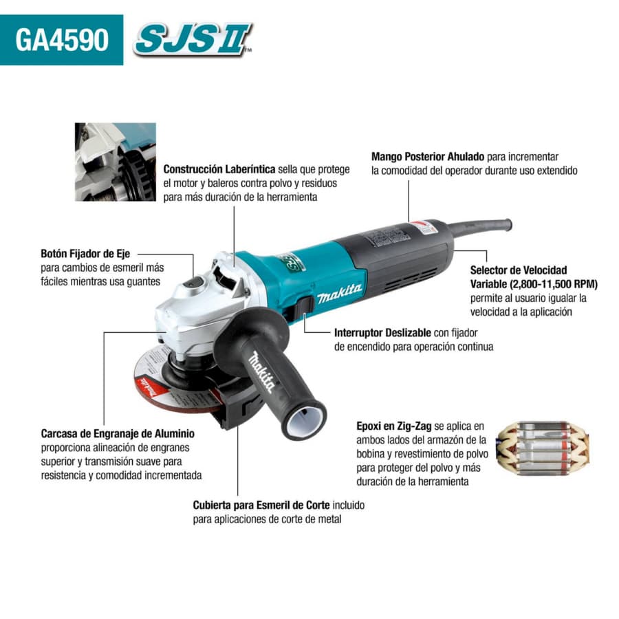 Makita 4-1/2" Angle Grinder SJS II Variable Speed Corded 15 Amp, 11000 rpm - GA4590, detail 8