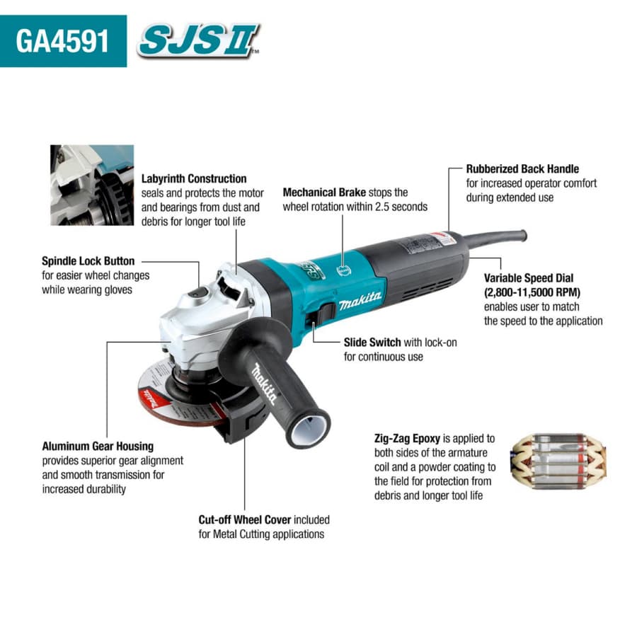 Makita 4-1/2" Angle Grinder SJS II Variable Speed Corded 15 Amp, 11500 rpm - GA4591, detail 4