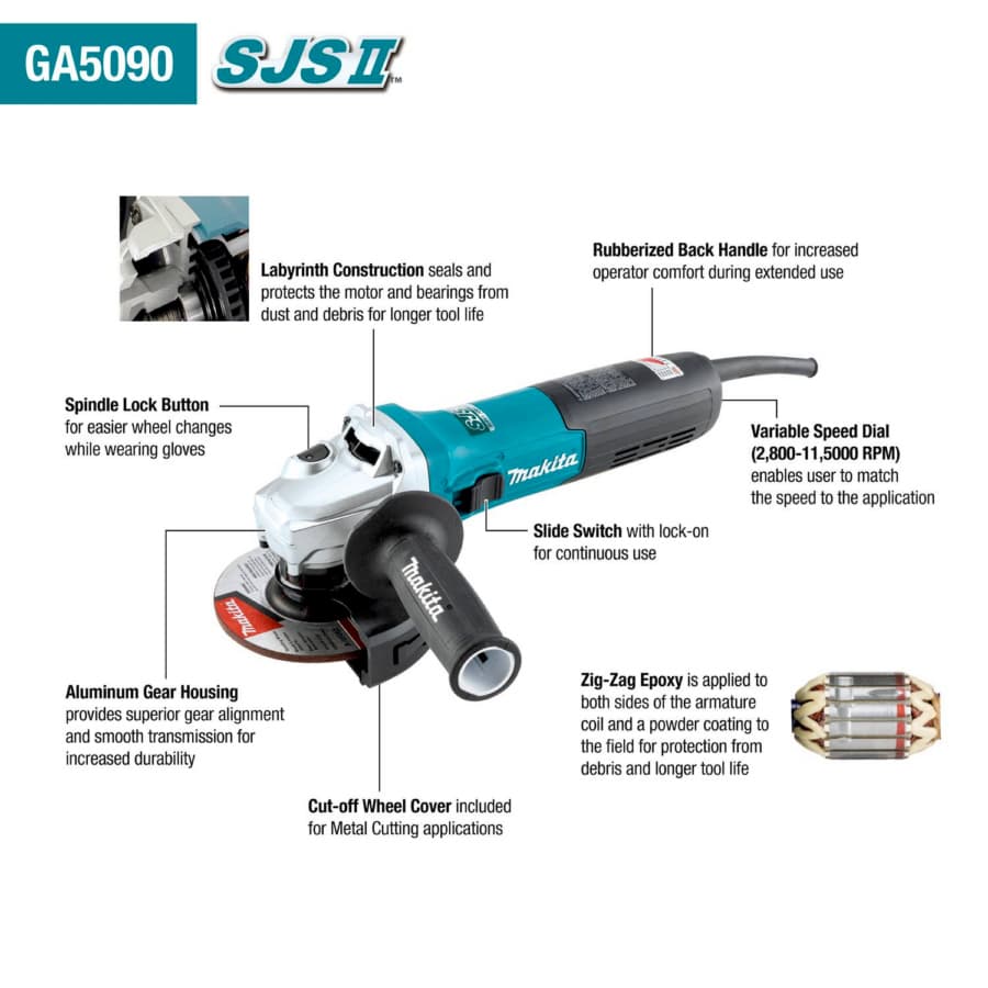 Makita 5" Angle Grinder SJS II Variable Speed Corded 15 Amp, 11500 rpm - GA5090, detail 4
