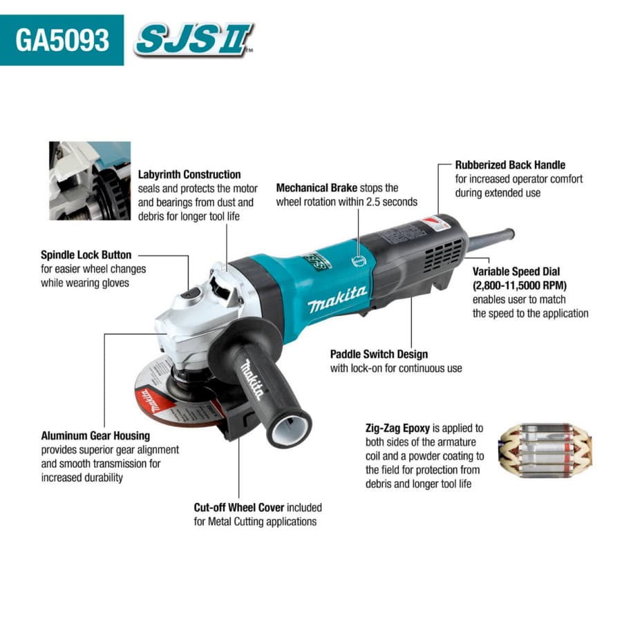 Makita 5" Angle Grinder SJS II Variable Speed Corded 15 Amp, 11500 rpm - GA5093, detail 4