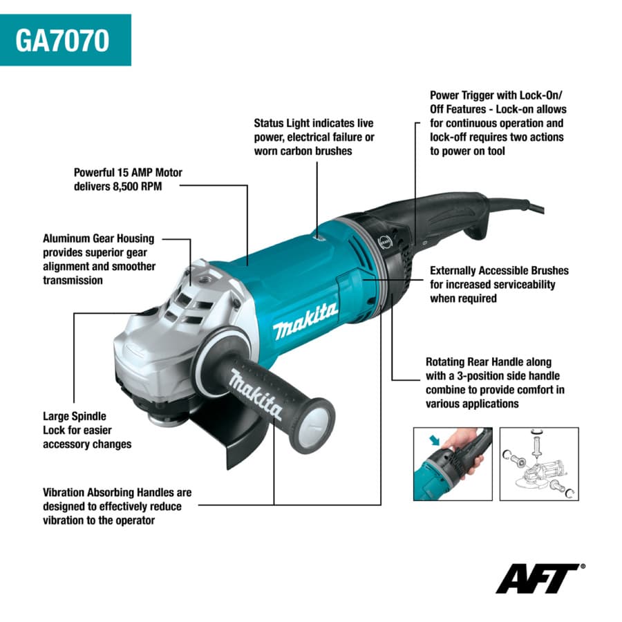 Makita 7" Angle Grinder Corded 15 Amp, 8500 rpm - GA7070X1, detail 1