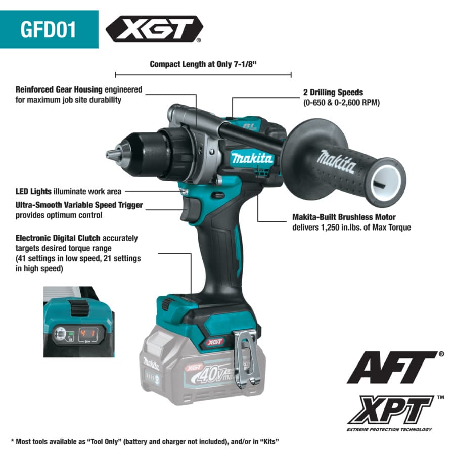 Makita Drill/Driver 1/2" 40V max XGT® Lithium-Ion Cordless Brushless Motor, 1250 lbf.in of Torque, 2.5 Ah Battery Included - GFD01D, detail 6