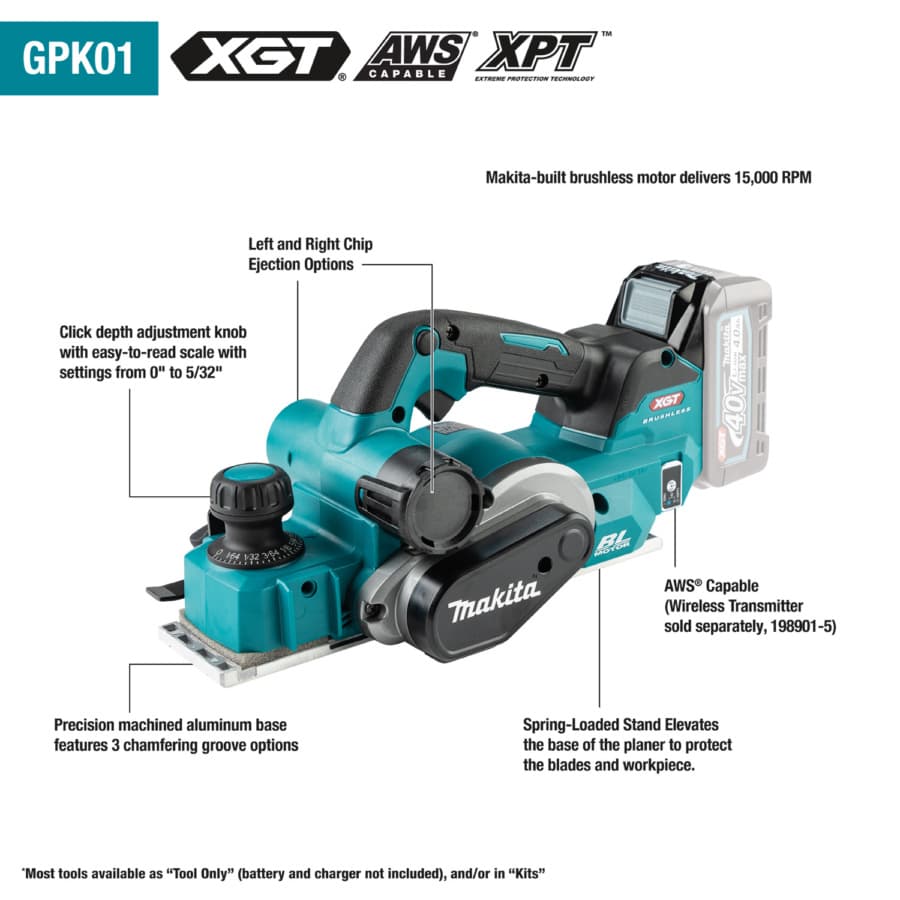 Makita 40V max XGT Brushless Cordless 3-1/4" Planer Tool Only with AWS Capable, detail 1