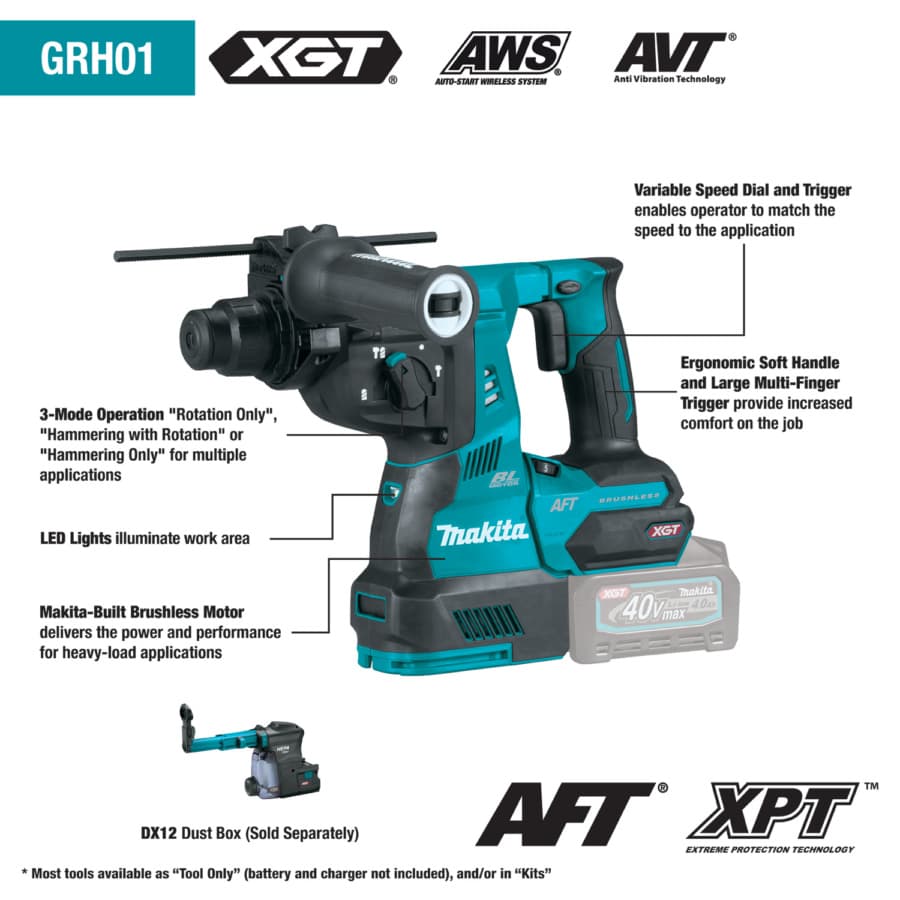 Makita SDS‑PLUS AVT Rotary Hammer 40V max XGT® Lithium-Ion Cordless Brushless Motor, Variable Speed, Bare Tool, GRH01Z, detail 3