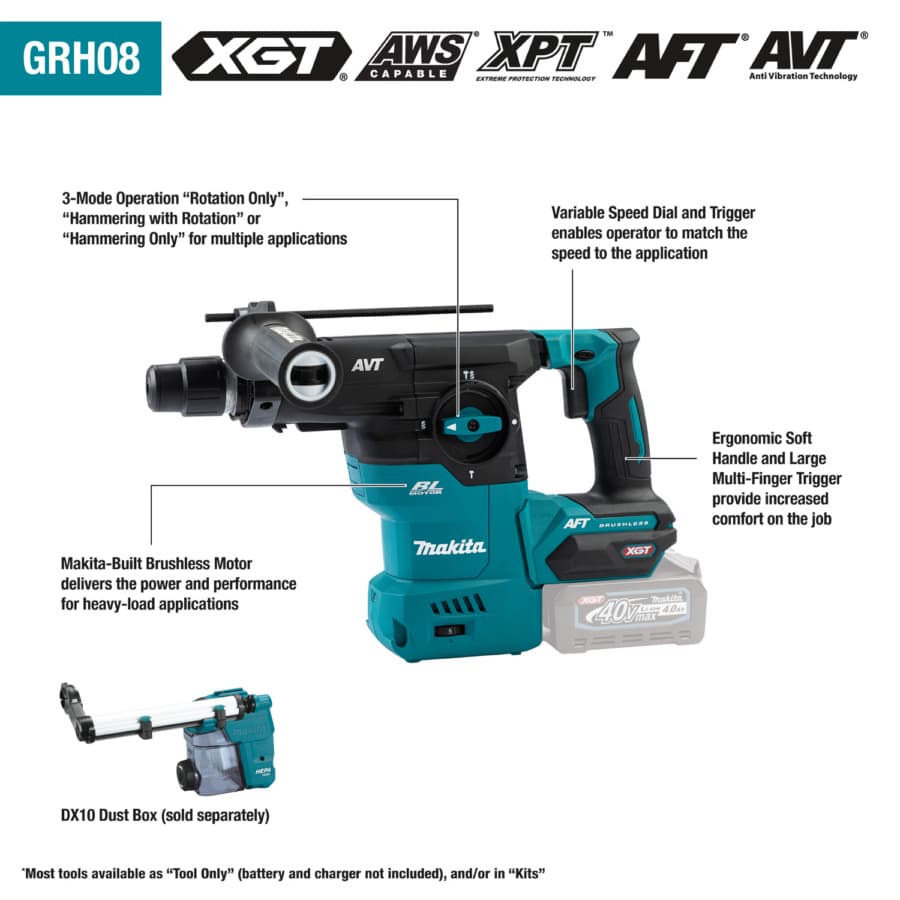 Makita SDS‑PLUS AVT Rotary Hammer 40V max XGT® Lithium-Ion Cordless Brushless Motor, Variable Speed, (1)4.0 Ah Battery Included, GRH08M1, detail 5