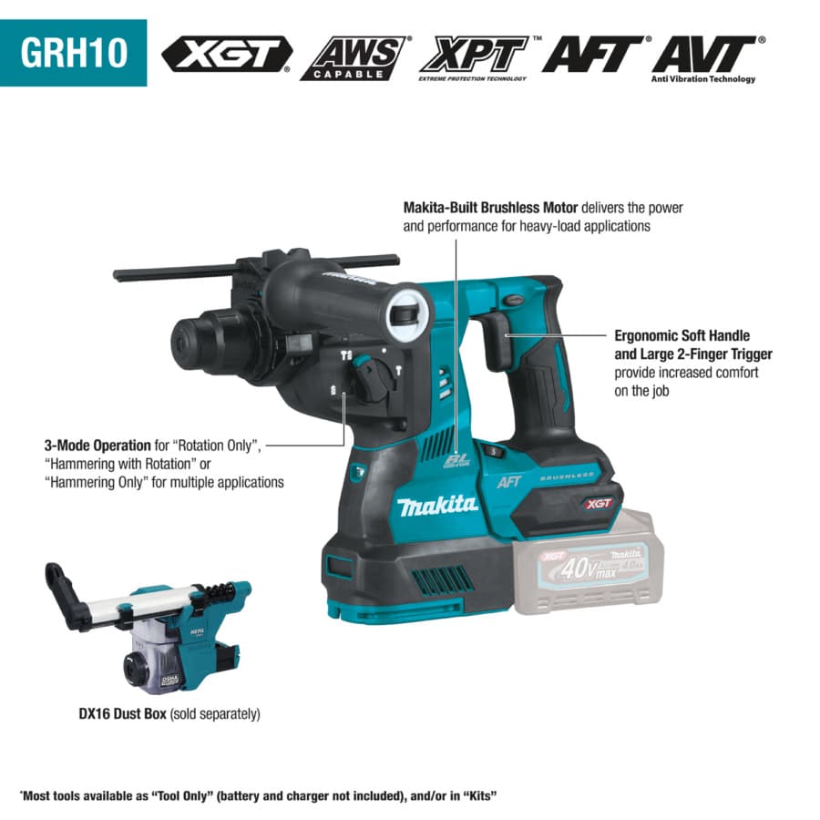 Makita SDS‑PLUS AVT Rotary Hammer 40V max XGT® Lithium-Ion Cordless Brushless Motor, Variable Speed, Bare Tool, GRH10Z, detail 6